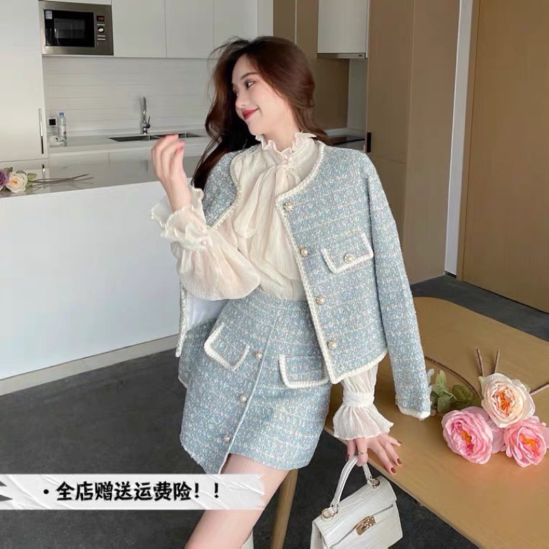 Set kẻ xanh áo dạ tweed chân váy chữ A/ Set 2 món bao gồm áo dạ tweed và chân váy chữ A