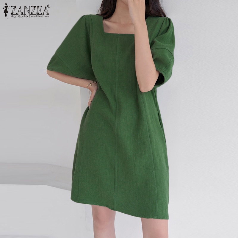 Đầm ZANZEA tay ngắn cổ vuông màu trơn phong cách Hàn Quốc cho nữ