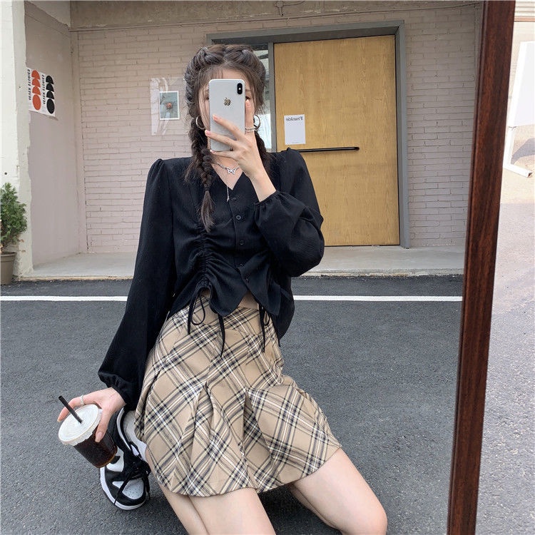Áo Sơ Mi Cổ Chữ V Tay Dài Phối Dây Rút Phong Cách Hồng Kông Thời Trang Mùa Thu Dành Cho Nữ 2021