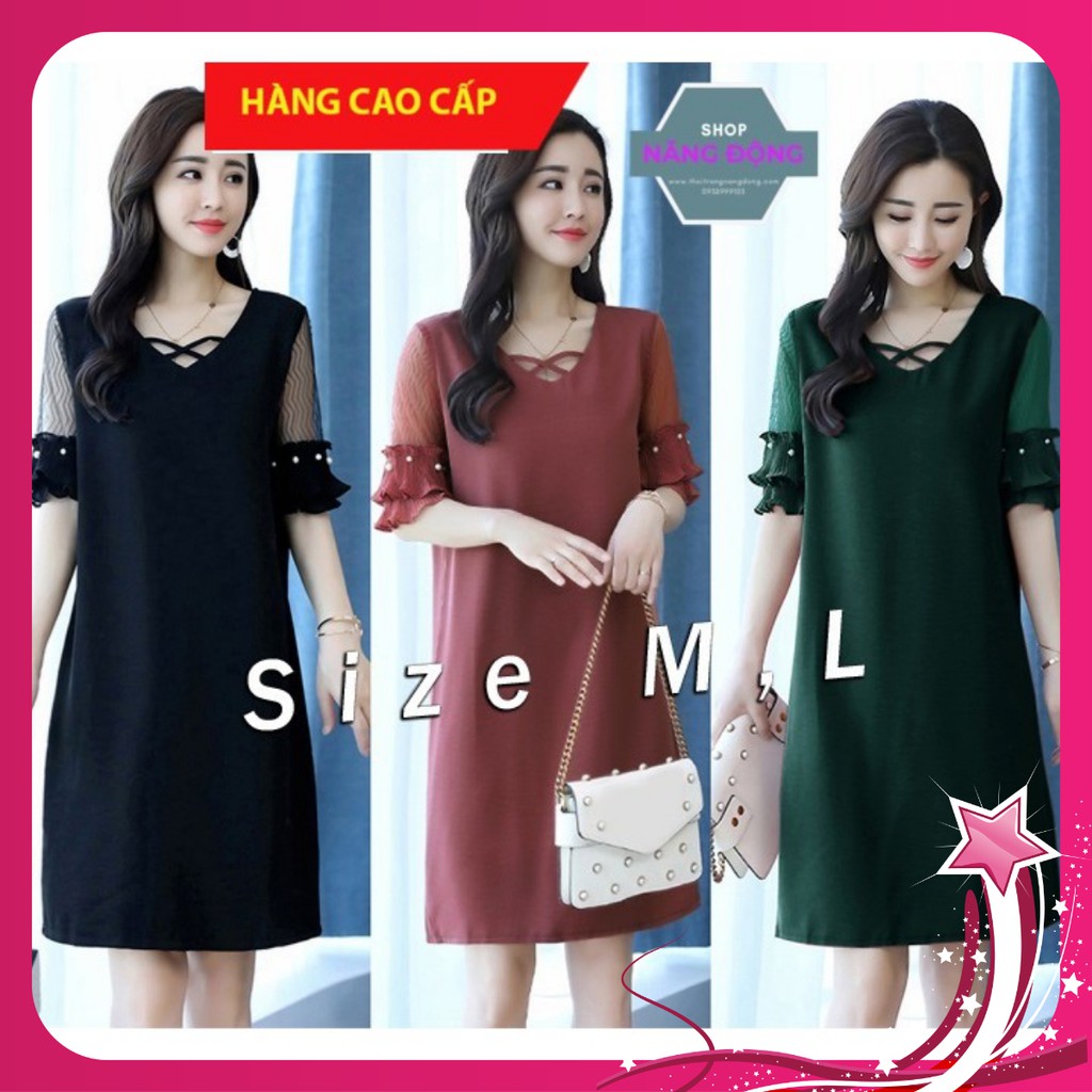 Đầm suông tay lửng phối lưới đính hột 2 túi xinh xắn TD1415