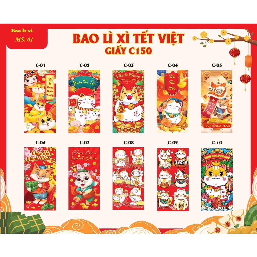 50-100 Bao lì xì lixi tết Quý Mão 2023- mèo thần tài