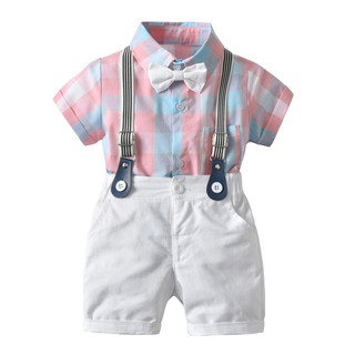 Set áo sơ mi ca rô + quần yếm + nơ đeo cổ dễ thương cho bé trai