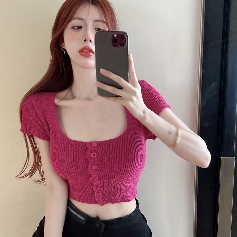 Áo Croptop Dệt Kim Tay Ngắn Màu Sắc Trơn Phong Cách Hàn Quốc Thời Trang Cho Nữ