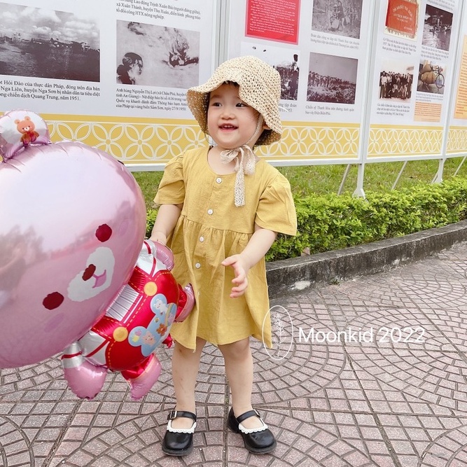 Váy đũi cài khuy tay bồng nơ lưng cute cho bé yêu 8-20kg