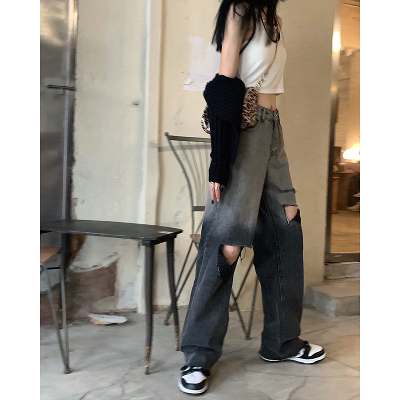 Quần jean Suông Ống Rộng màu Xám Loang Ombre rách kiểu phom To Dài hot hít 4251 MLJ