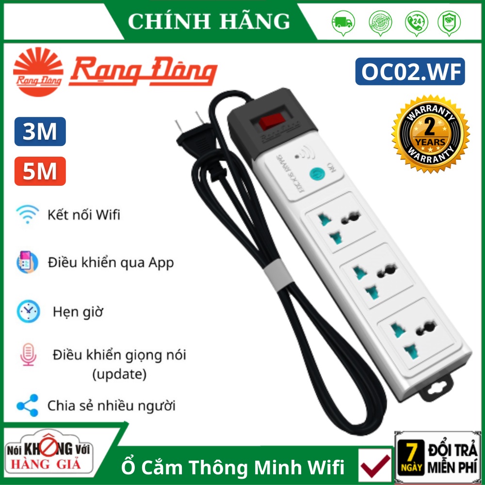 Ổ Cắm Thông Minh Rạng Đông OC02.WF 3m-5m - Ổ Cắm Wifi 2500W - Chức Năng Hẹn Giờ, Điều Khiển Từ Xa - Bảo Hành 1 Năm