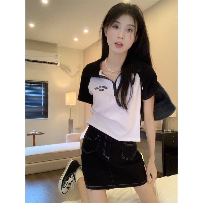 Xiaozhainv Áo Thun Croptop Ngắn Tay Cổ Polo In Chữ Phong Cách Vintage Mỹ