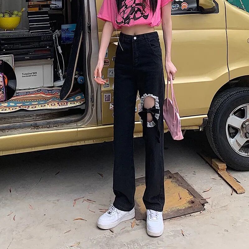 Quần jean dài ống rộng phối ren thiết kế mỏng thời trang hè phong cách Hàn Quốc cho nữ