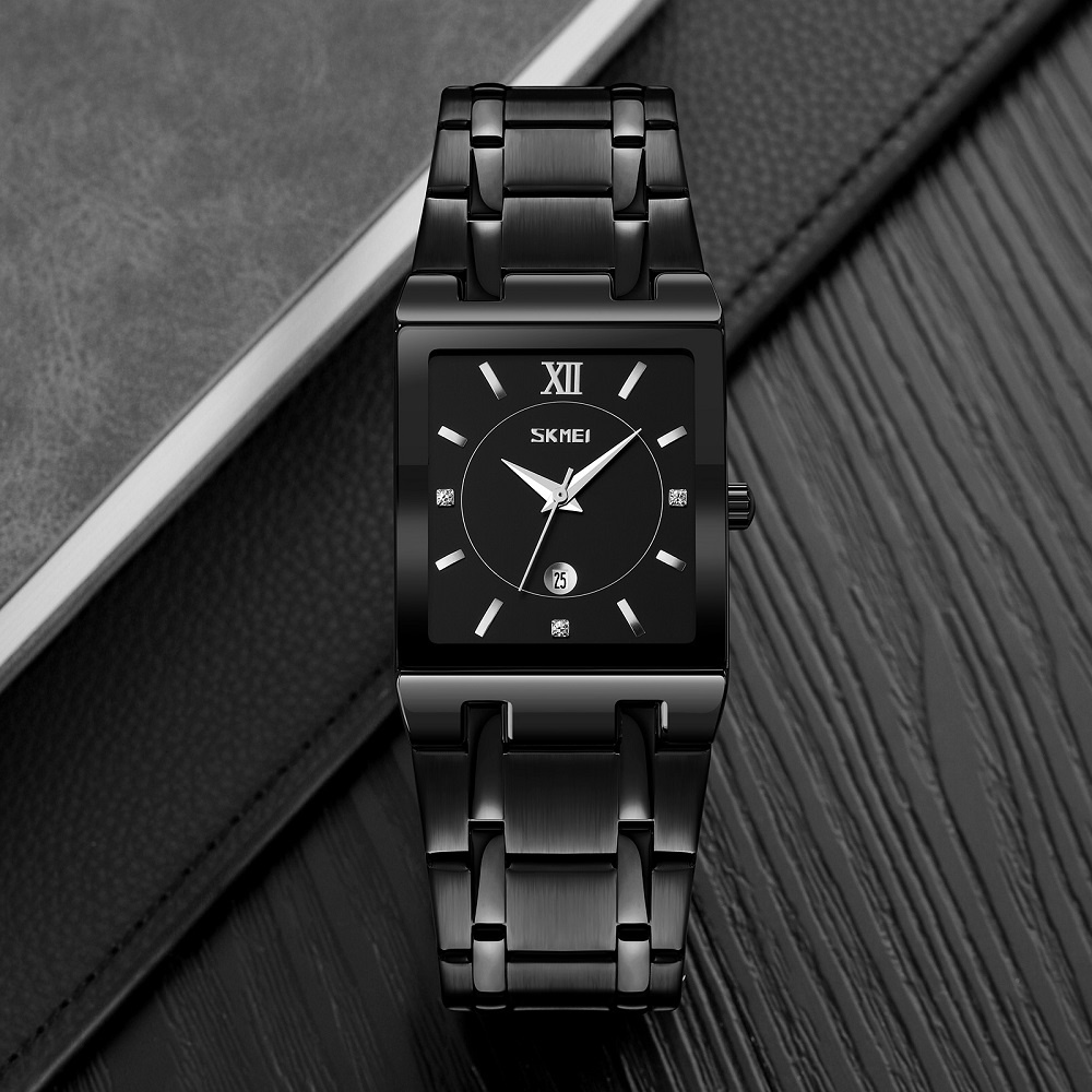 Đồng Hồ Đeo Tay Skmei Mặt Vuông Mạ Vàng Dây Thép Không Gỉ Chống Nước Thời Trang Cho Nam