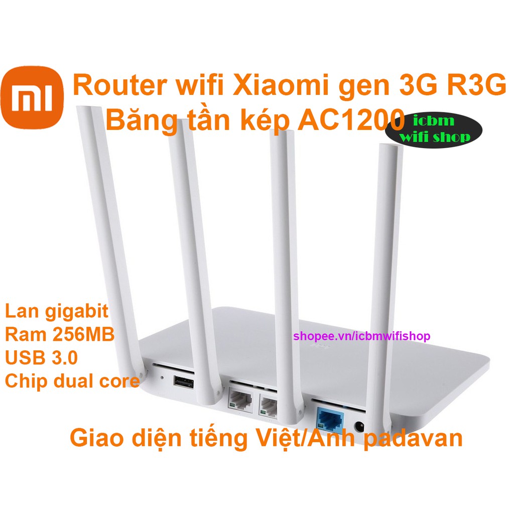 Phát wifi  Xiaomi  3G AC1200 băng tần kép, USB 3.0, Wan Lan gigabit, tiếng Việt Padavan, rom gốc.