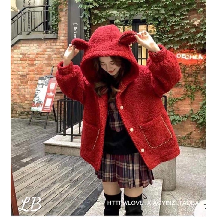 Áo dạ lông cừuu có mũ tai gấu túi hộp may viền dễ thương dáng thụng tay bồng đi học đi chơi
