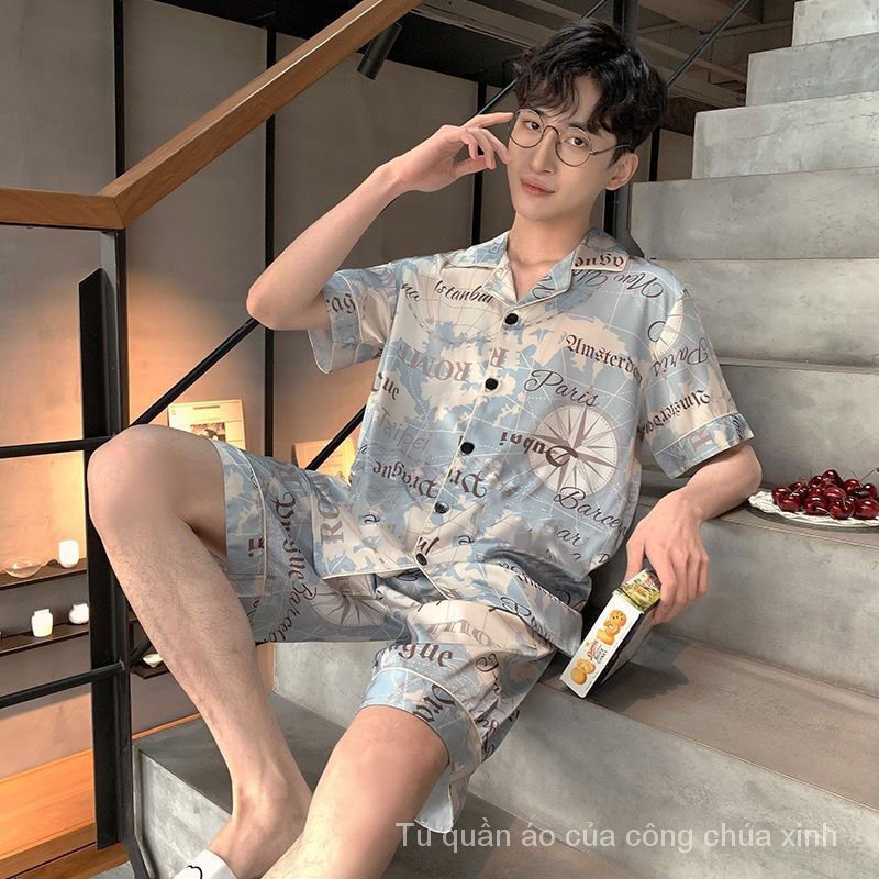 Bộ đồ ngủ ngắn tay bằng vải lụa lạnh mỏng in họa tiết hoạt hình thời trang mùa hè cho nam X80W