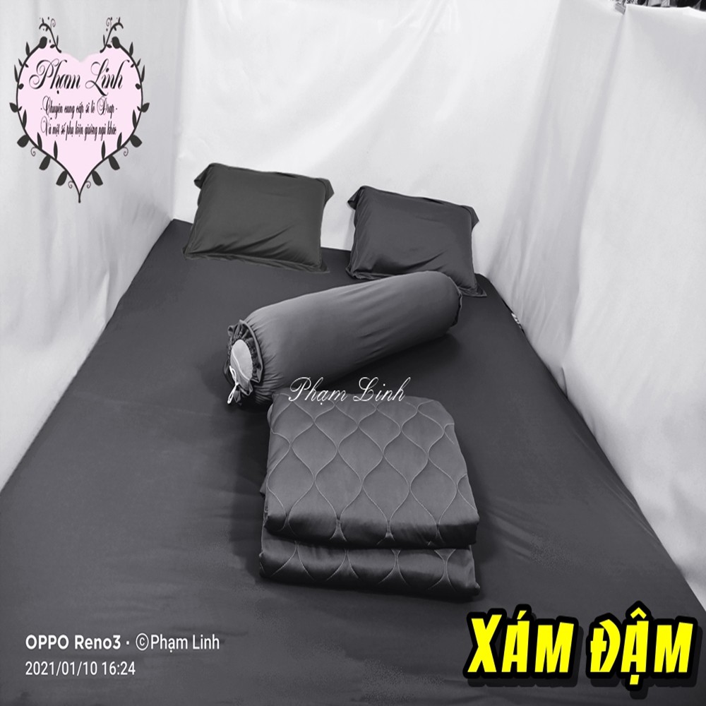 [Bộ 5 món] Drap-Ga trải giường vỏ gối và chăn chần bông thun lạnh sợi siu (silk) màu trơn Hàn Quốc [Xám Đậm Xám Nhạt]