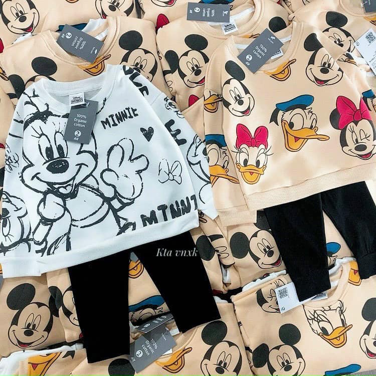 Đồ bộ bé gái nỉ bông dài tay thu đông in hình mickey disney Combo 2 bộ quần áo trẻ em
