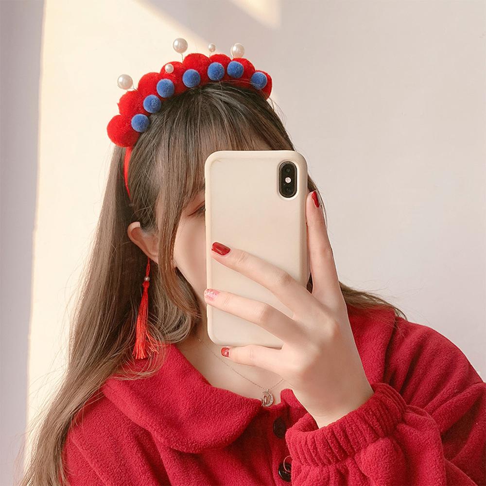 Băng Đô Cài Tóc Đính Tua Rua Màu Đỏ Phong Cách Retro Mừng Năm Mới