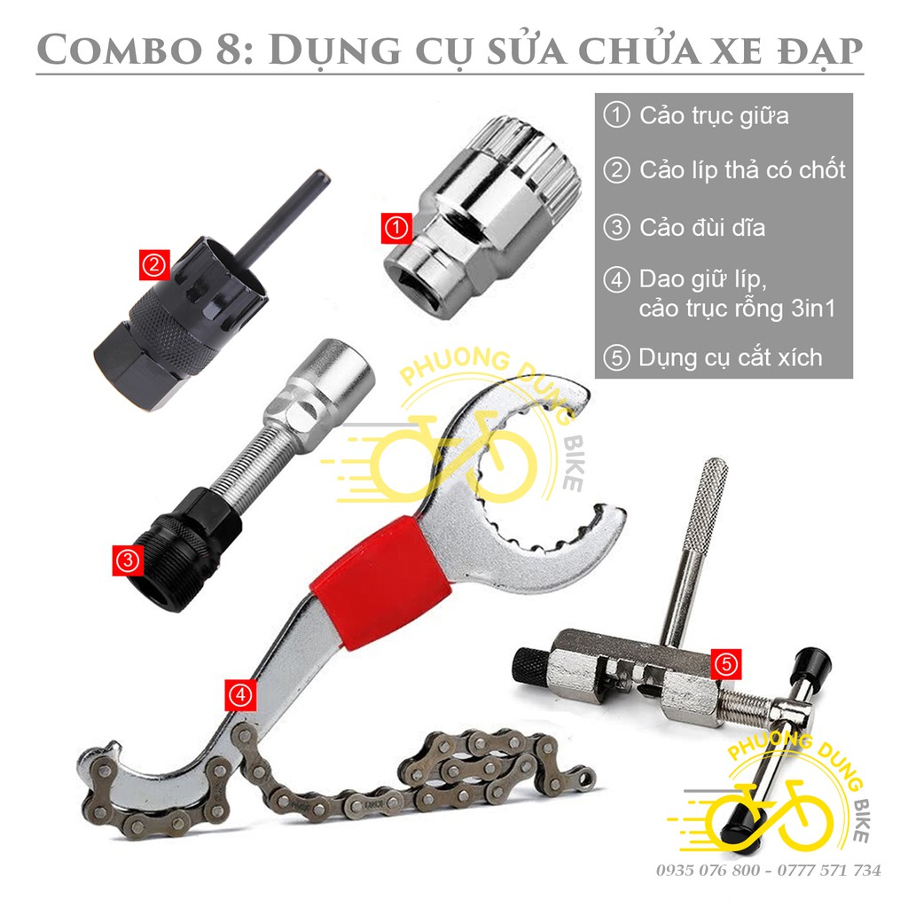 Combo8 - 5 món: Cắt xích 03, cảo líp vặn thả có chốt, trục giữa, đùi dĩa, dụng cụ giữ líp 3in1