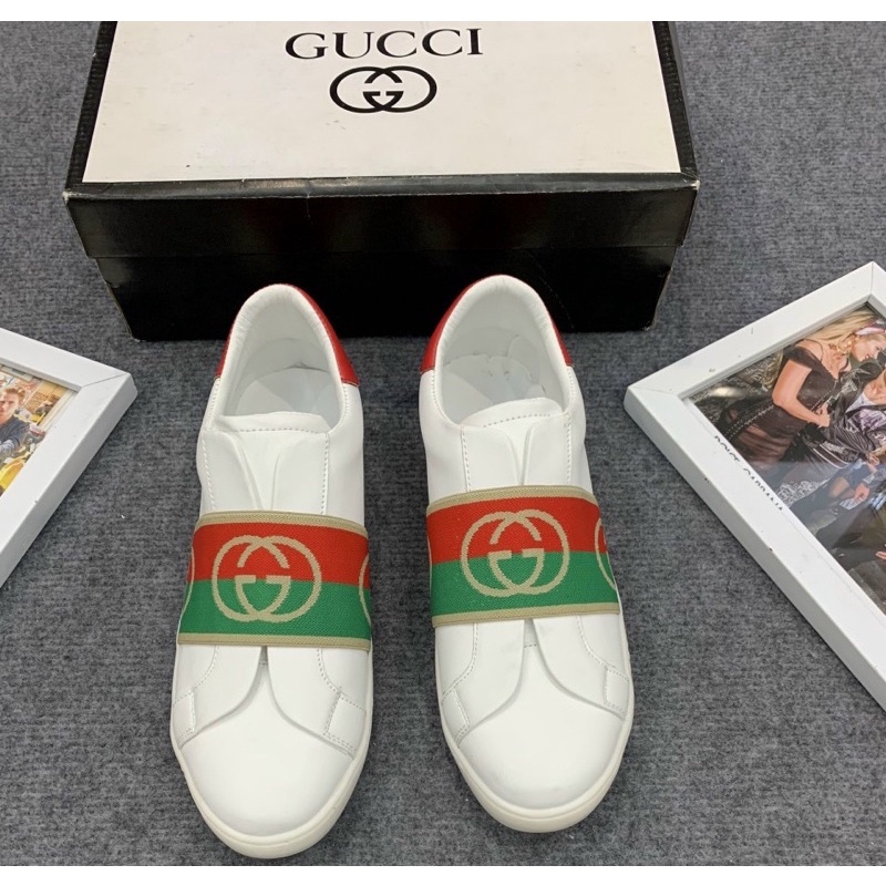 Giầy nam Gucci có hoạ tiết chữ ngang in chìm, Giày thời trang nam đế trắng mũi tròn phong cách giới trẻ btshop từ 38-42.