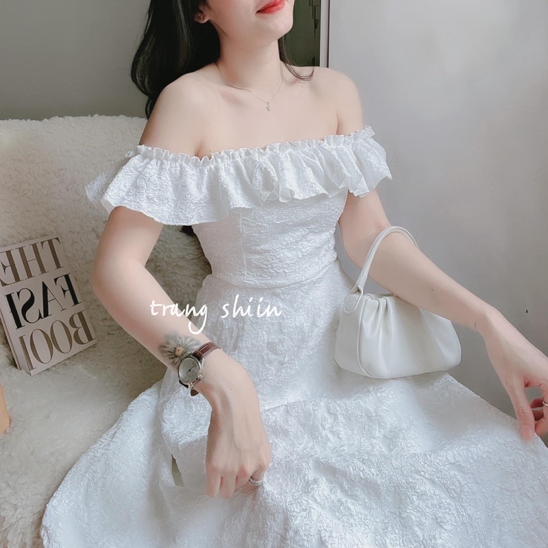 ĐẦM XỐP BẸT VAI BÈO MIDI TRẮNG