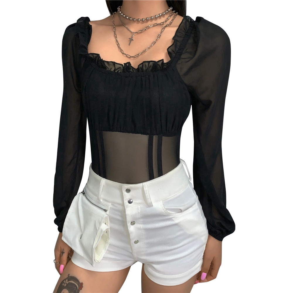 Sexy Off Shoulder Mesh Patchwork Slim Bodysuit Women Long Sleeve Ruffle Rompers | BigBuy360 - bigbuy360.vn