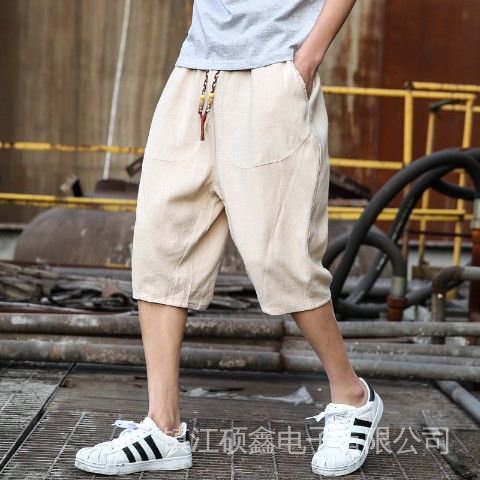 Quần Lửng Cotton Lanh Mỏng 6 Tấc Dáng Rộng Phong Cách Trung Hoa Cho Nam 7-Quarter