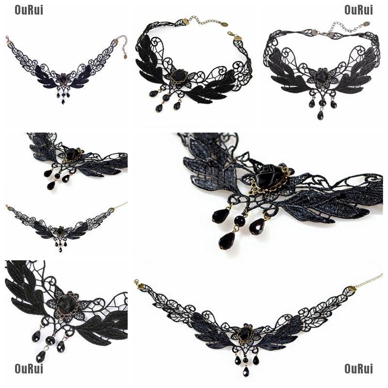 Vòng cổ choker thêu hoa hồng đính hạt phong cách Lolita quyến rũ