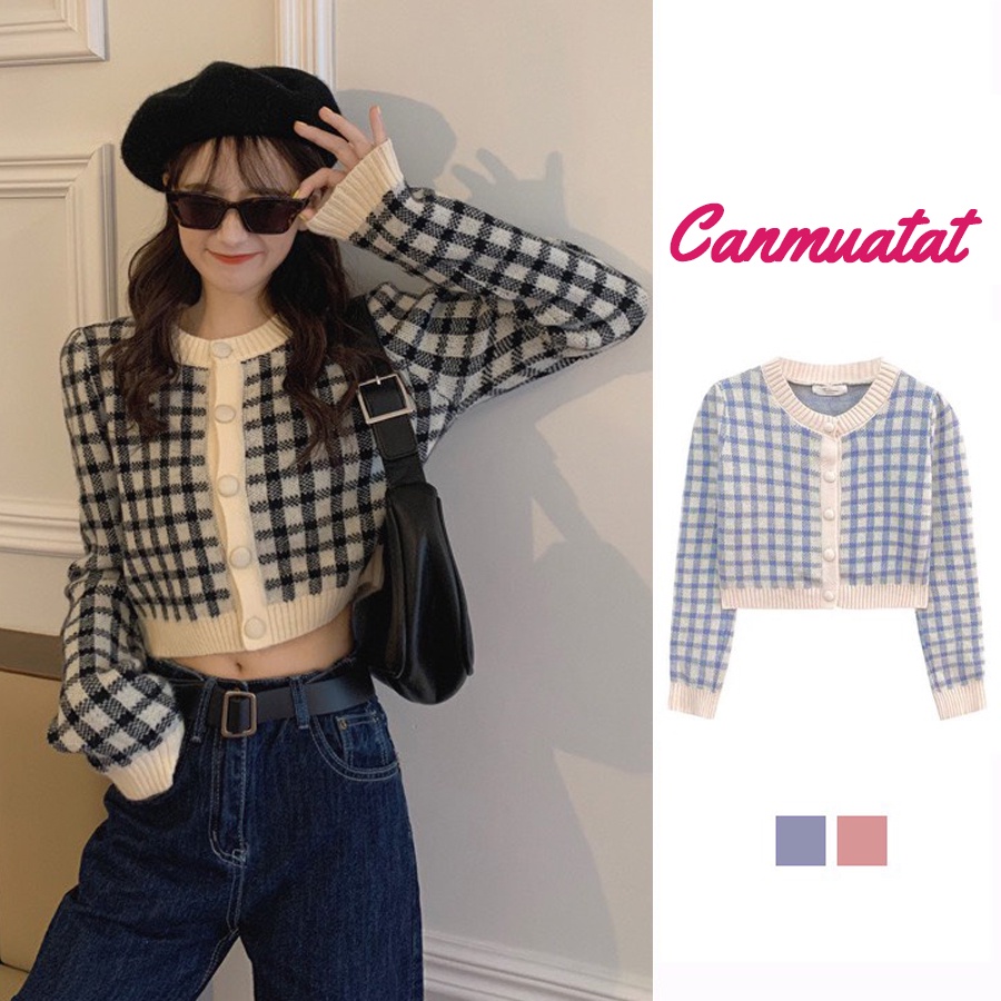 Áo khoác cadigan nữ tiểu thư crotop chất len kẻ caro, áo cardigan croptop tay dài phong cách Hàn Quốc