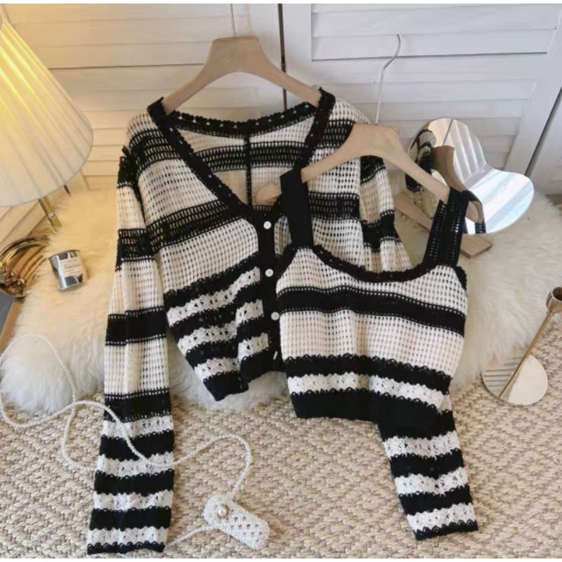 Sét áo len 2 dây kẻ+áo cadigan hàng QCL1
