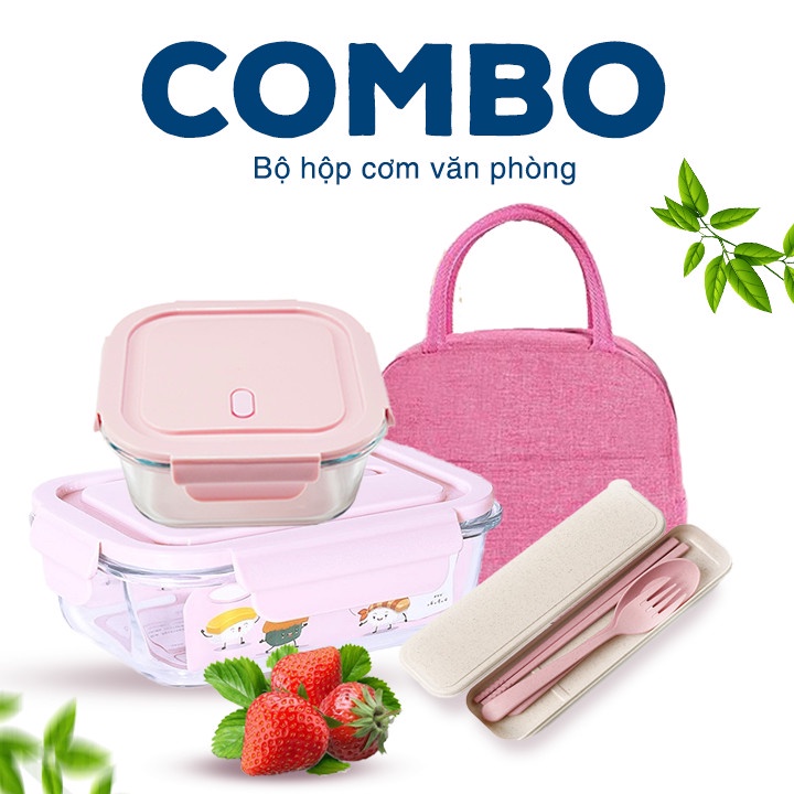 Combo Cơm Văn Phòng Hộp Cơm Thủy Tinh 3 Ngăn 1000Ml / Hộp Nhỏ 400Ml / Túi Đựng Cơm /Bộ Đũa Thìa Dĩa Chất Liệu Lúa Mạch