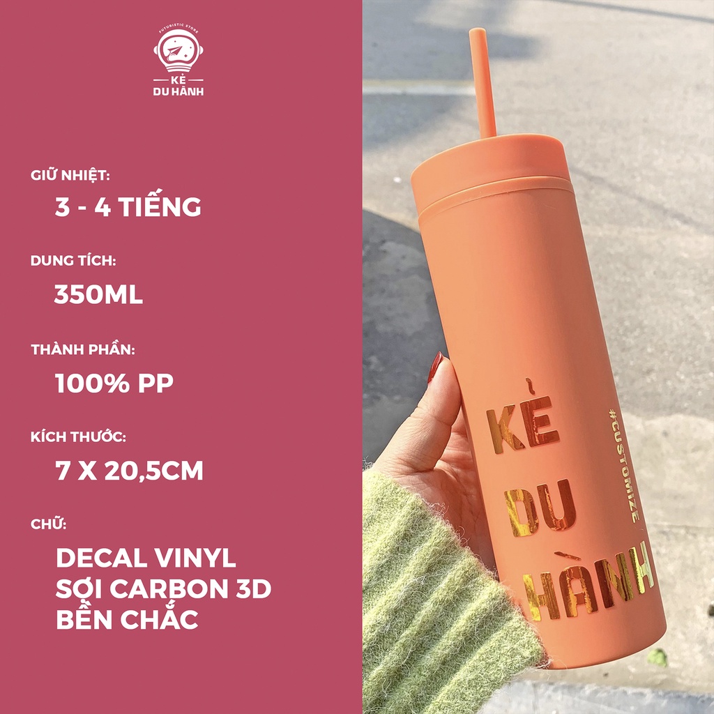 Bình đựng nước Decal in theo yêu cầu dung tích 650ml, bình giữ nhiệt Kẻ du hành khắc tên tặng kèm ống hút