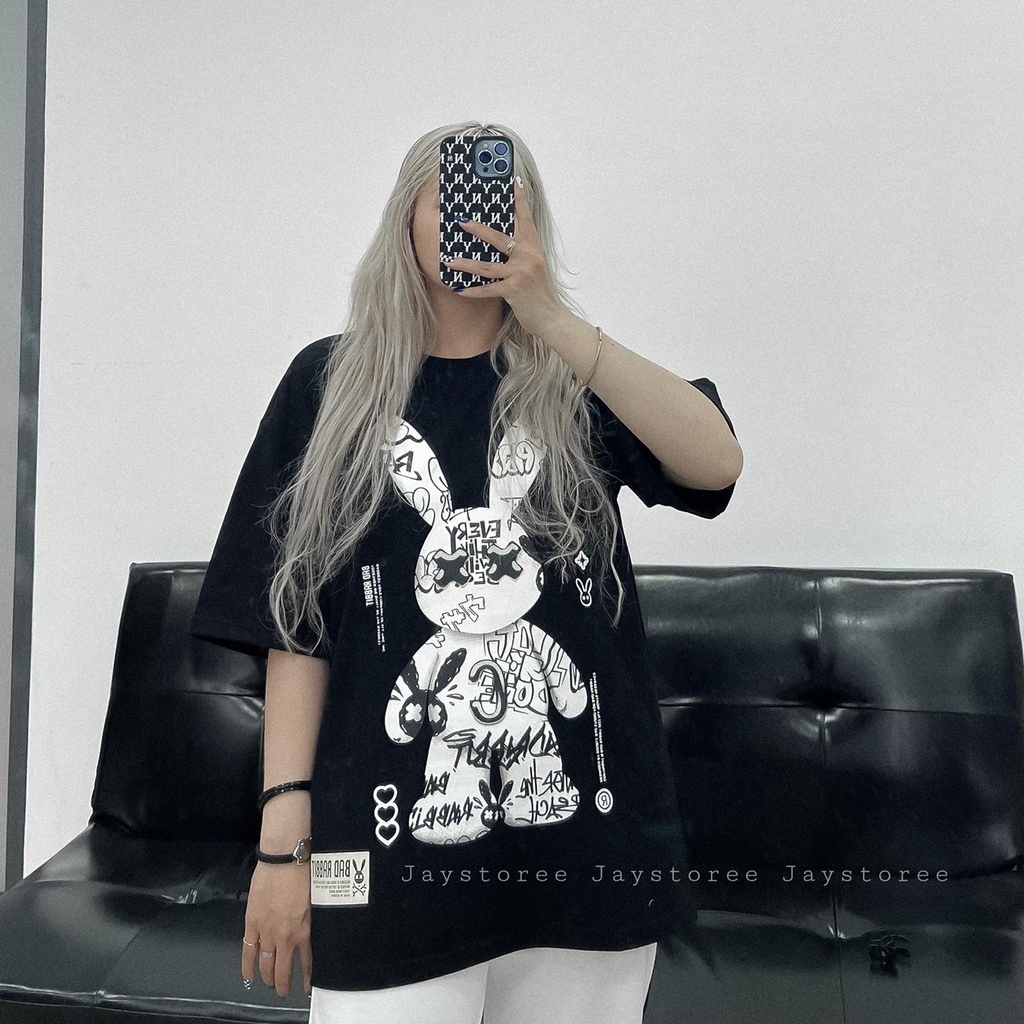Áo Thun Tay Lỡ Unisex THỎ GRAVITY màu ĐEN  /Nam nữ unisex/ Áo phông cổ tròn form rộng Jejul.store