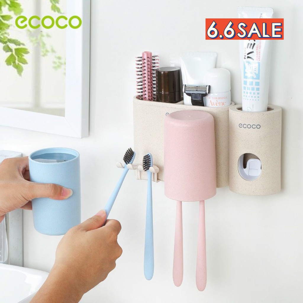 Combo bộ ECOCO nhả kem đánh răng và cốc đựng bàn chải đánh răng chất liệu lúa mạch