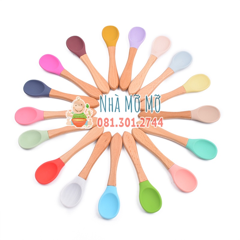 Thìa muỗng silicon cán gỗ cho bé tập múc ăn dặm giúp bé xúc cơm dễ dàng - Nhà Mỡ