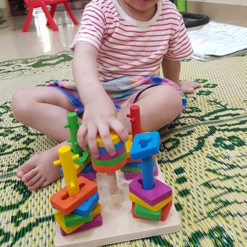 Bộ thả hình luồn cọc 5 trụ đồ chơi gỗ