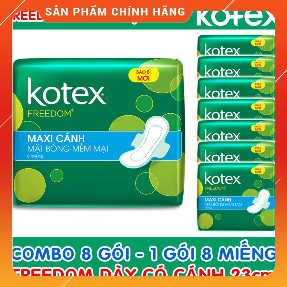 Combo 8 Gói Băng Vệ Sinh Kotex Freedom Maxi Dày Có Cánh Mặt Bông 23cm ( 1 Gói 8 Miếng - 1 Lốc 8 Gói ) . .