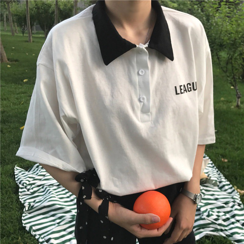 FREESHIP ĐƠN 99K_ Women's Turn-down Collar Letter Print Short Sleeve Loose Polo Shirt