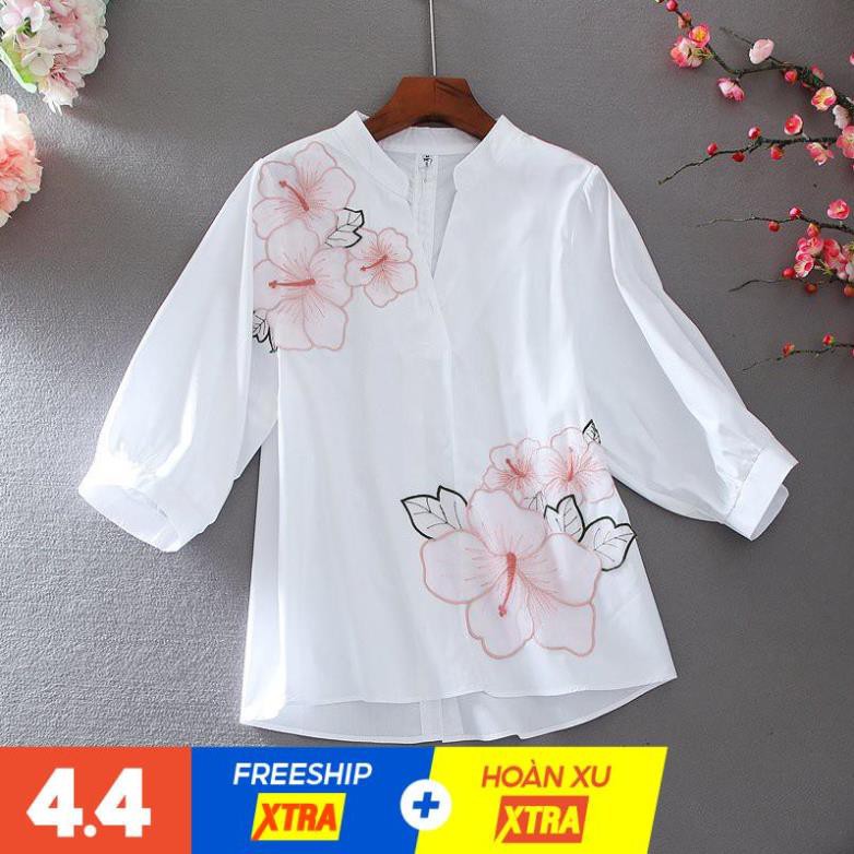 [FREE SHIP] Áo sơ mi nữ màu trắng , áo kiểu thời trang in Hoa 3D form rộng free size 60kg (siêu rẻ)