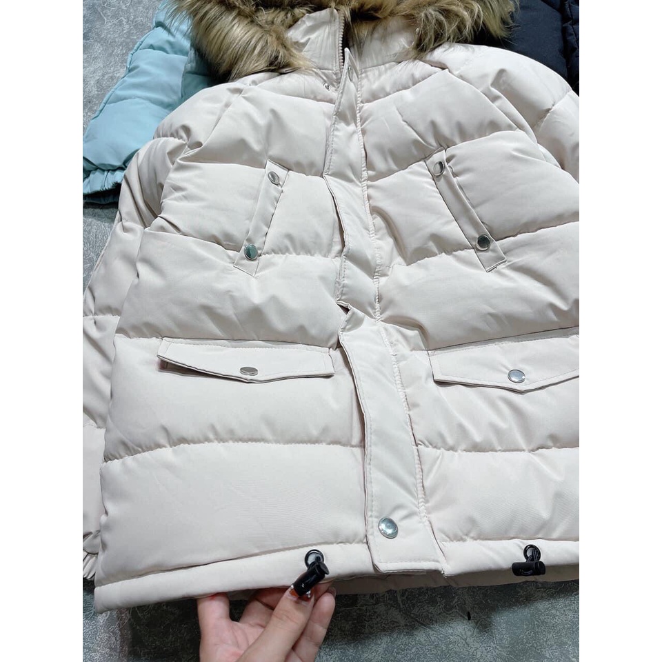 Áo Phao Túi Ngực Chéo Mũ Lông Nữ  Nana's House - FREESHIP  Áo khoác mùa đông trơn cúc bấm form rộng HOT