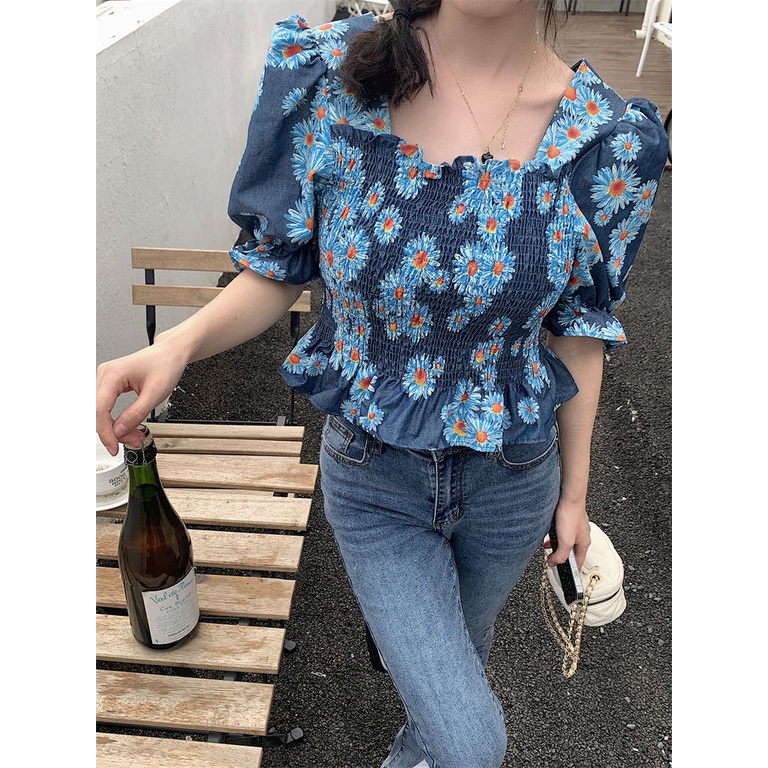 Áo Kiểu Tay Ngắn Phồng Cổ Vuông Họa Tiết Hoa Phong Cách Retro Phương Tây