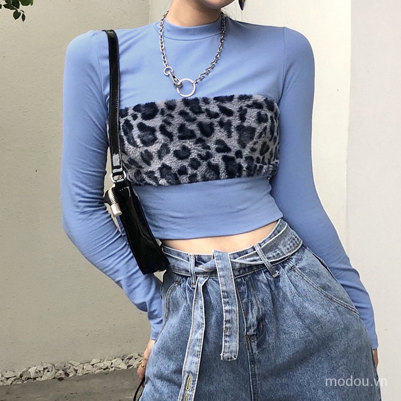 Áo thun lửng tay dài họa tiết da báo phong cách cá tính cho nữ