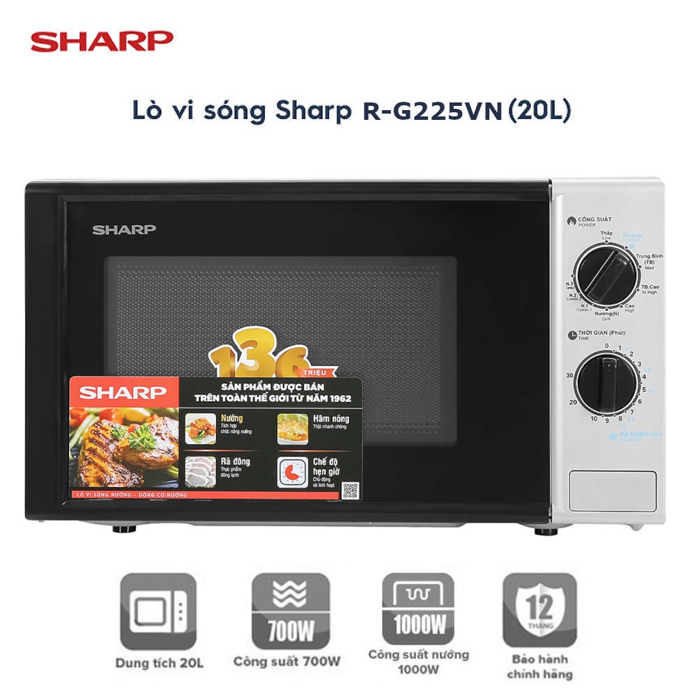 Lò vi sóng có nướng Sharp R-G225VN-BK dung tích 20 lít, bảo hành 12 tháng