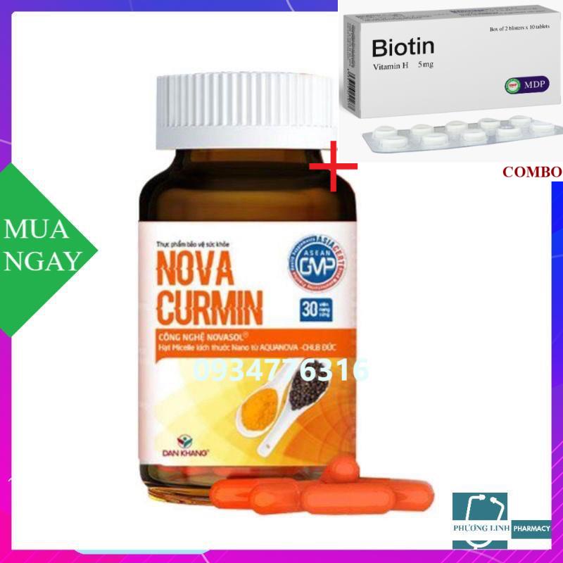 Combo Biotin 5mg+ Viên uống NOVACURMIN giúp giảm triệu chứng viêm loét dạ dày, chống oxy hóa, hộp 30 viên