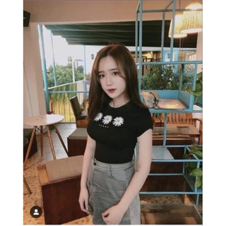 Ảnh thật clip Áo crop top body in hoa cúc chất cotton dày d