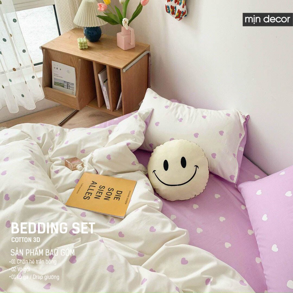 Bộ chăn ga gối Cotton 3D Mịn Decor 2021 - Bộ ga giường và vỏ chăn gối họa tiết tim nhiều màu, sử dụng cả 2 mặt | BigBuy360 - bigbuy360.vn