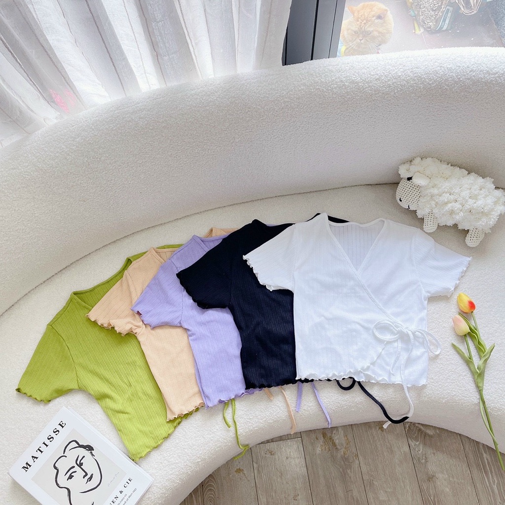 Áo thun croptop tay ngắn cổ V vạt chéo buộc dây eo chất thun gân