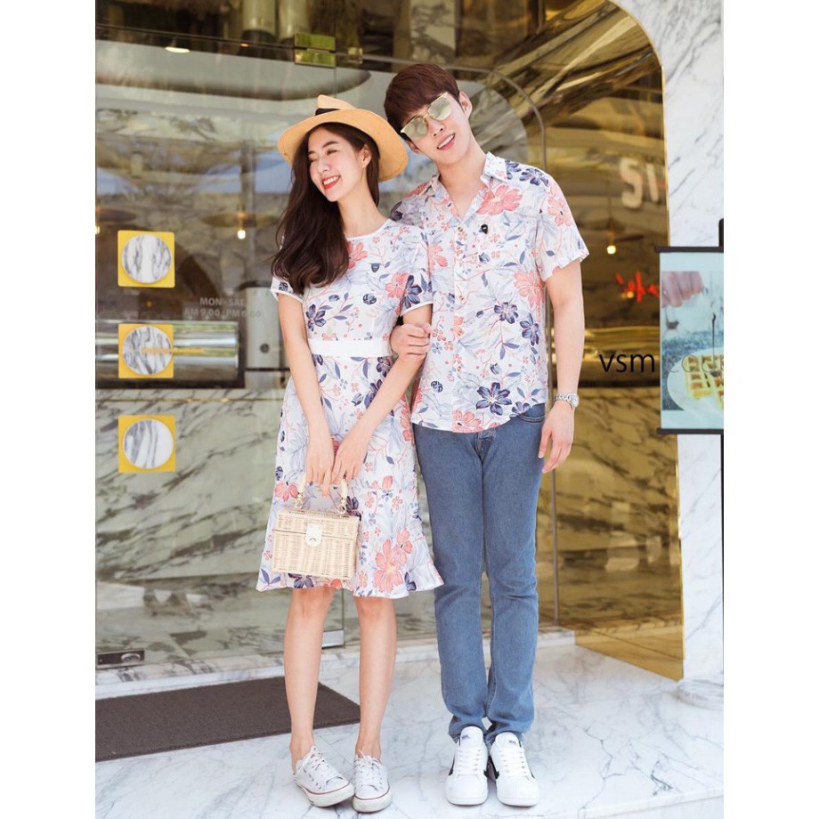 Set áo váy đôi sơ mi nam váy nữ - Áo đôi đi biển hoa lá VSM COUPLE - AV45