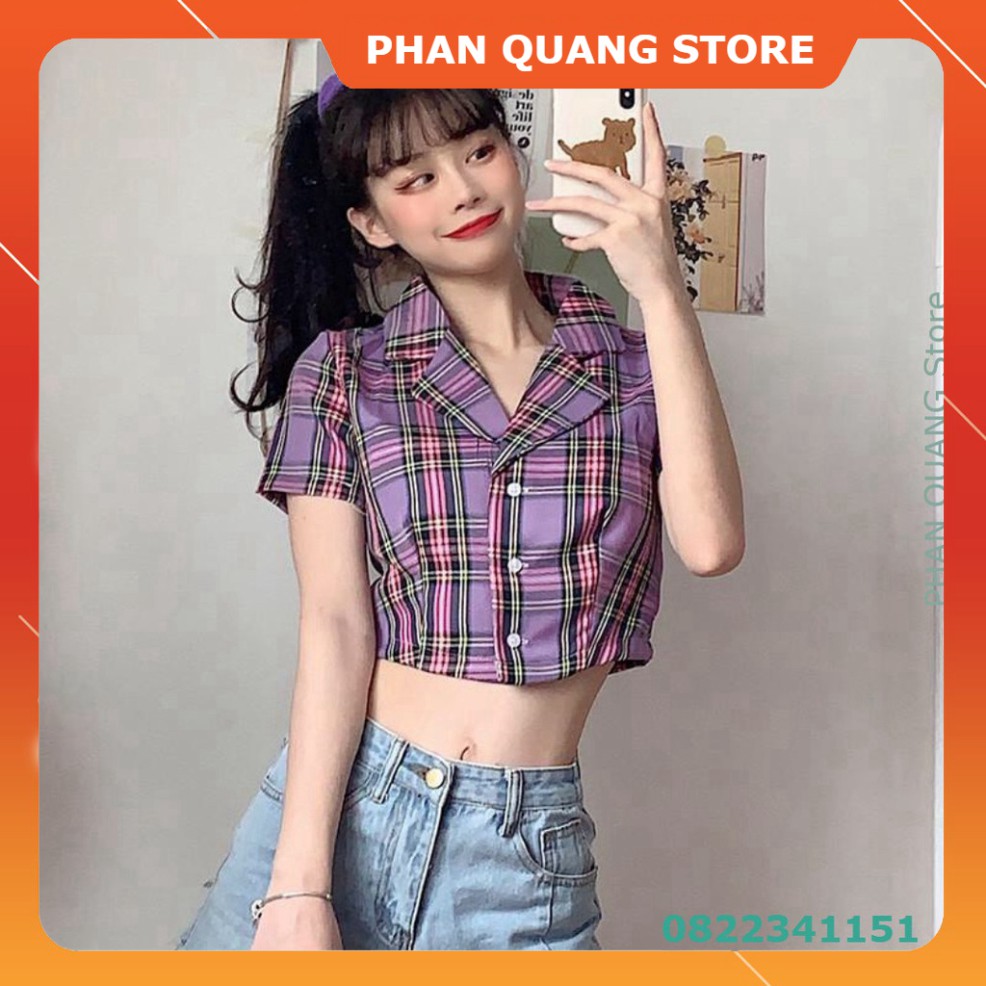 👗 ÁO SƠ MI CROPTOP TAY NGẮN KẺ SỌC CARO THỜI TRANG CHO NỮ - CROPTOP CARO KẺ TÍM ĐEN ĐỎ HỒNG VÀNG XANH PQ-Shop