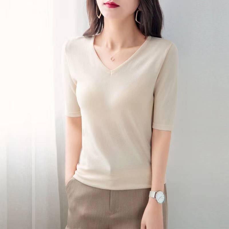 Áo Thun Dệt Kim Tay Ngắn Cổ Chữ V Màu Sắc Đơn Giản Thời Trang Cho Nữ