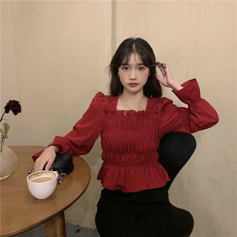 Áo Kiểu Cổ Vuông Tay Phồng Thời Trang Pháp 2022 Mới Mẻ Trẻ Trung Cho Nữ