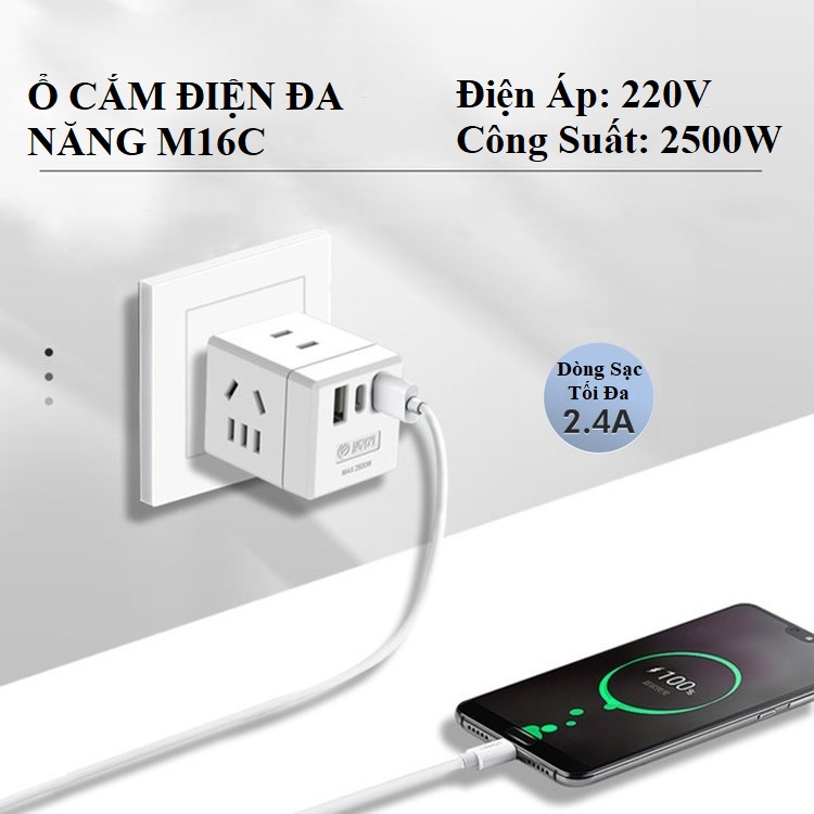 Ổ Cắm Điện Cube Đa Năng M16C, Ổ Cắm Chuyển Đổi 3 Chân Chéo, Gồm 2 Cổng Sạc USB 5V/2.4A, 1 Cổng Sạc Type C