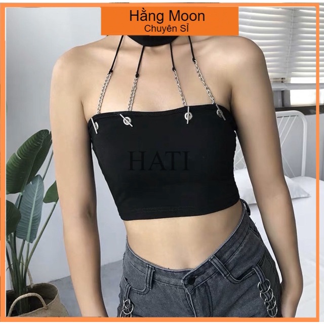 Áo croptop ôm cổ yếm phối dây xích